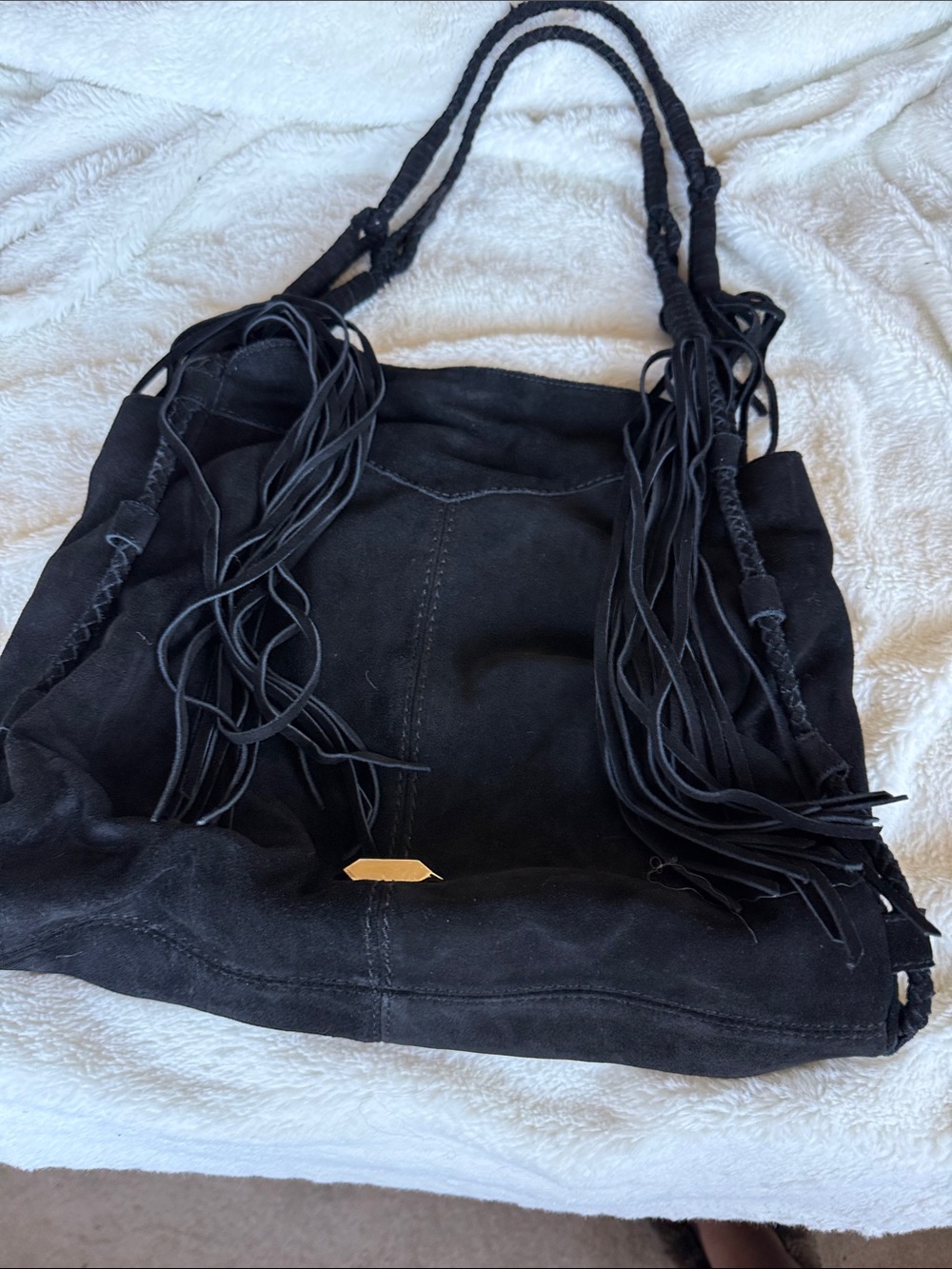 Black Suede Fringe Shoulder Bag with Braided Straps